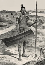 Shuli Warrior Fully Equipped: Village in Background, from The History of Mankind by Prof. Friedrich Ratzel